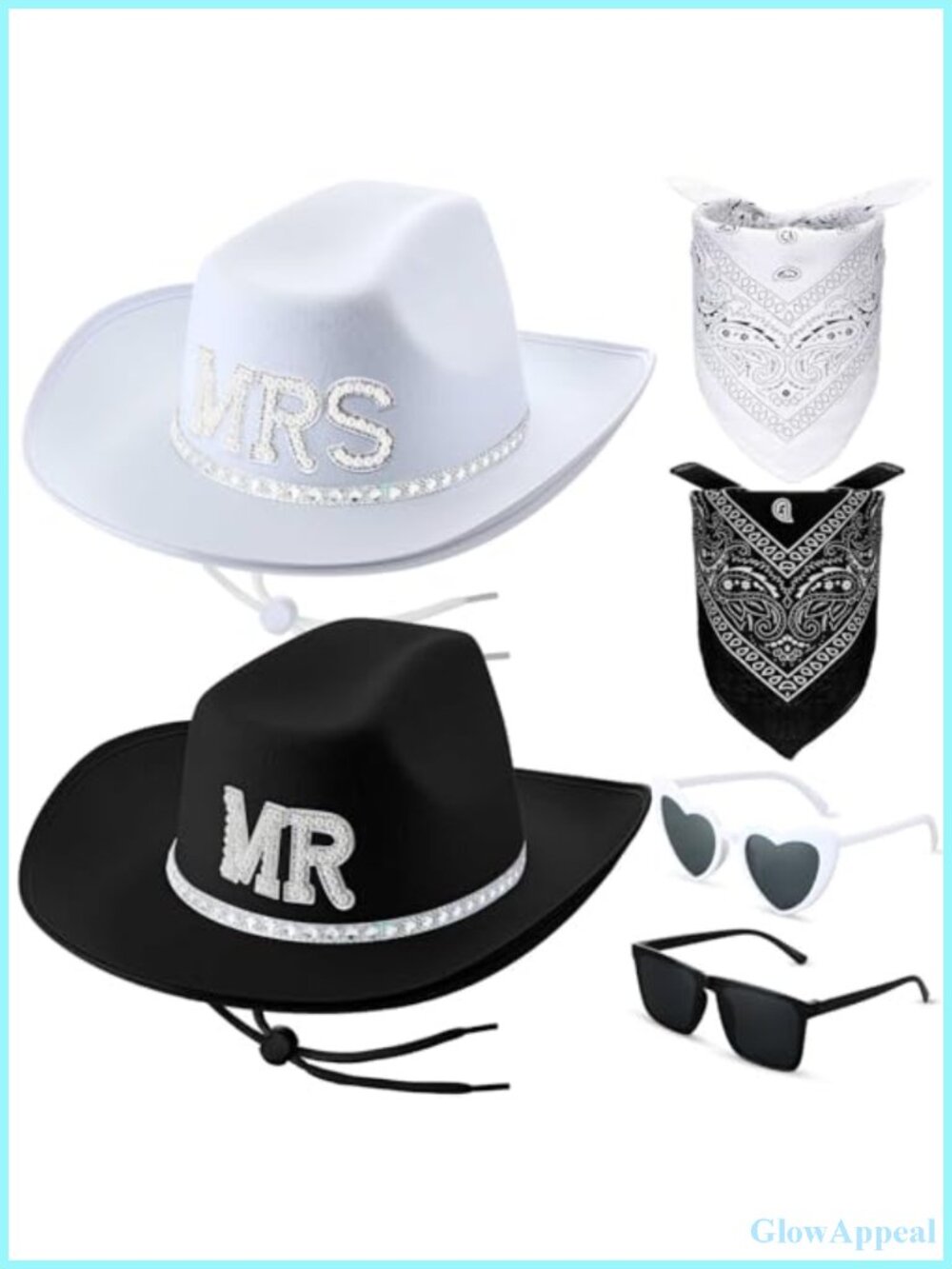 MR MRS Rhinestone Bride & Groom Cowboy Hat Set with Sunglasses Bandanas